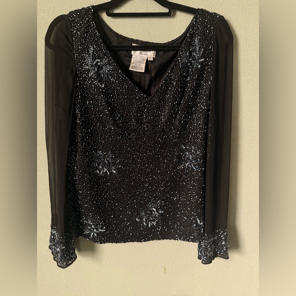 Papell Boutique Evening Black Long Sleeve Top Large